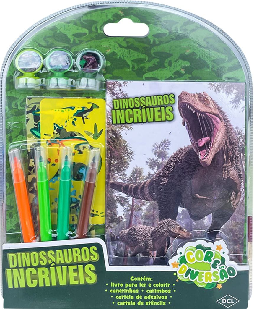 KIT LIVRO DE DINOSSAURO+CANETINHAS+CARIMBO+ CARTELA DE ADESIVOS