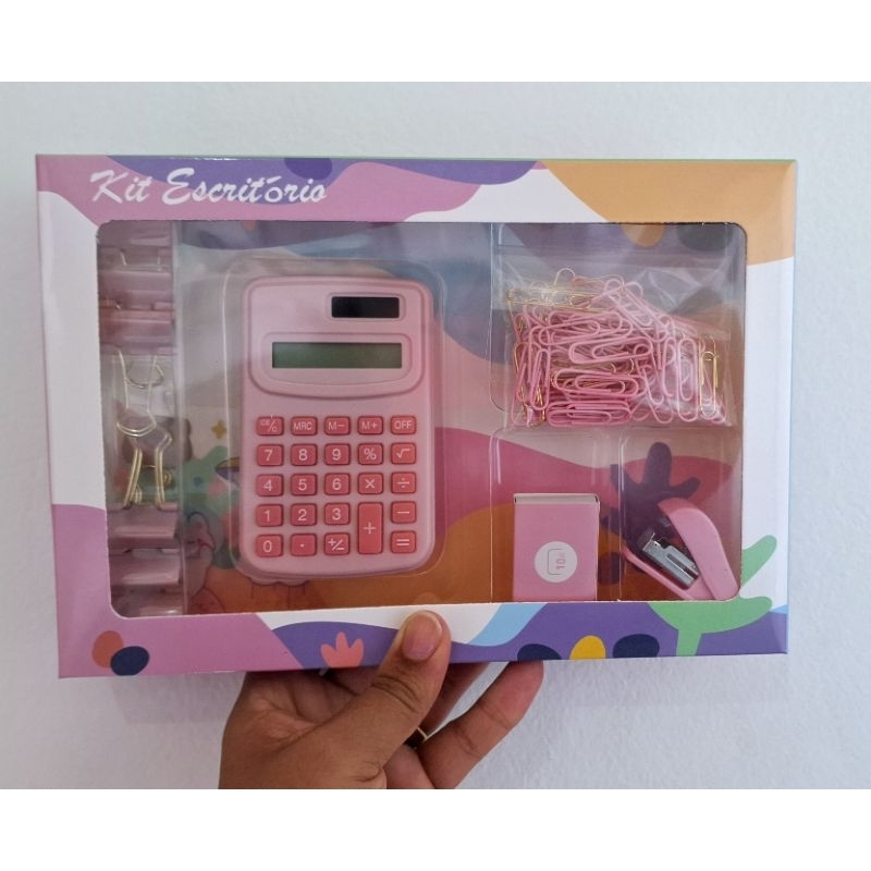 KIT ESCRITORIO COM CALCULADORA ROSA